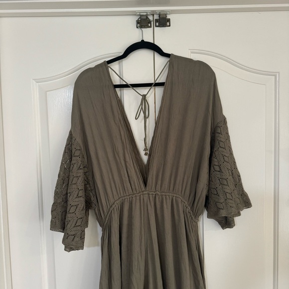 Free People Angela Lace Embroidered Wide Ruffled Leg Cargo Green Jumpsuit Size L - Picture 7 of 7